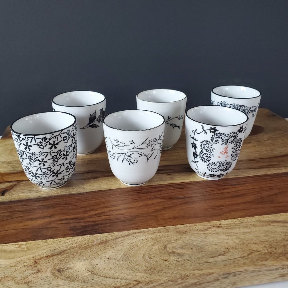 Set Of 6 Eastern Asian Design Ceramic Tea Cups Black White Red Floral ~ 5 OZ.